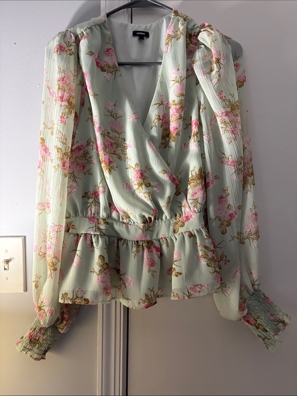 Express Sage Green Floral Wrap Peplum Blouse